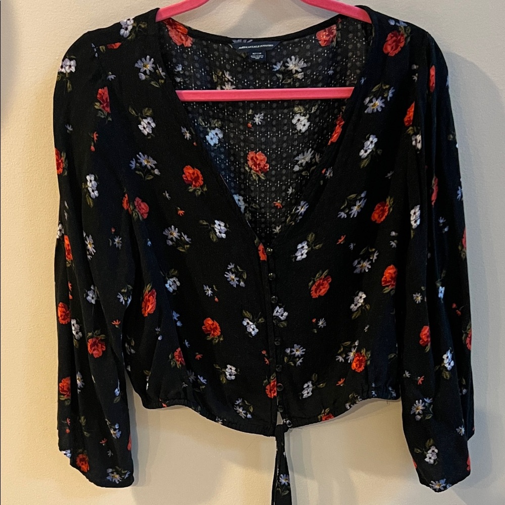 American Eagle Outfitters Black Floral V-Neck Blouse